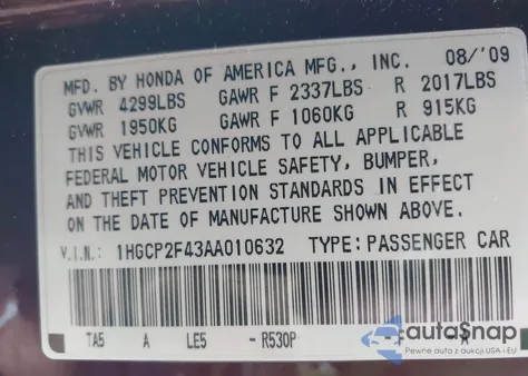 2010 Honda Accord 2.4 Lx-P z USA, uszkodzony, nr VIN 1HGCP2F43AA010632